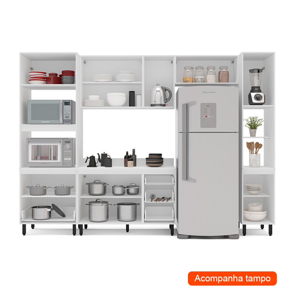 Cozinha Completa com Tampo e Paneleiro Amara 9 Portas 5 Gavetas Azul e Branca