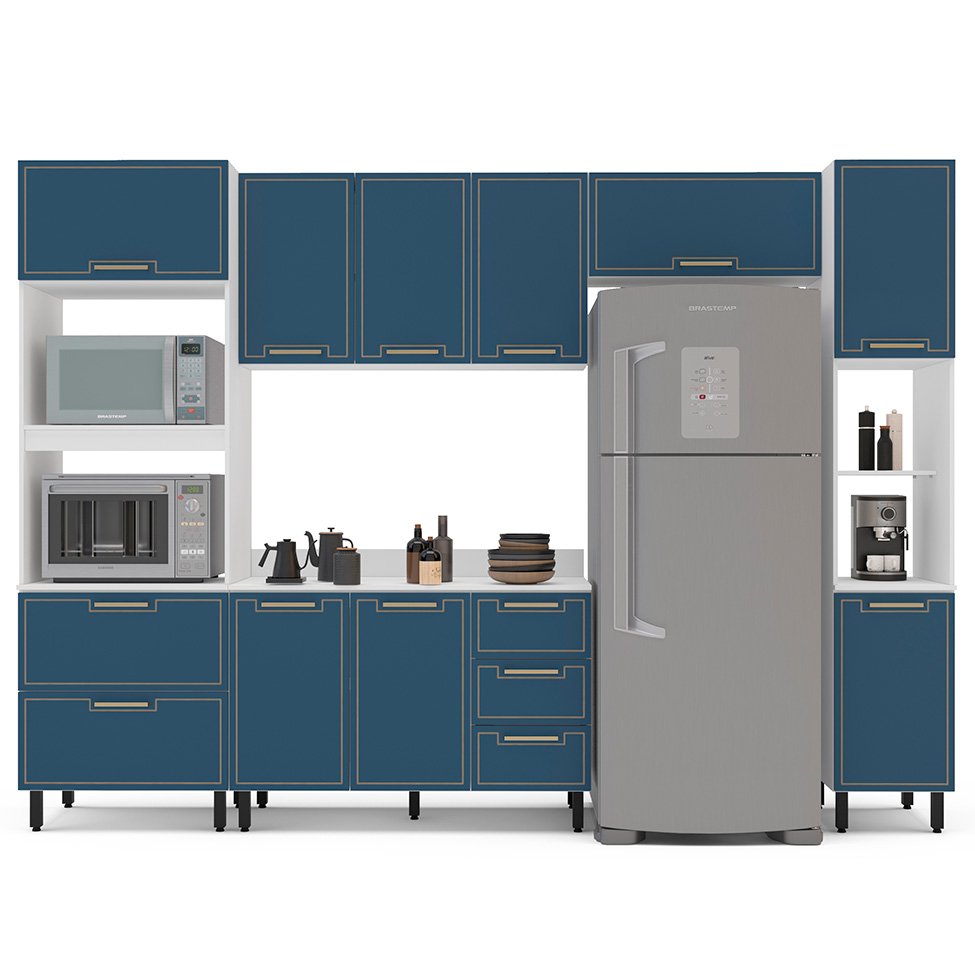 Cozinha Completa com Tampo e Paneleiro Amara 9 Portas 5 Gavetas Azul e Branca