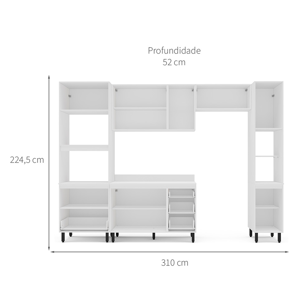 Cozinha Completa com Tampo e Paneleiro Amara 9 Portas 5 Gavetas Creme e Branca
