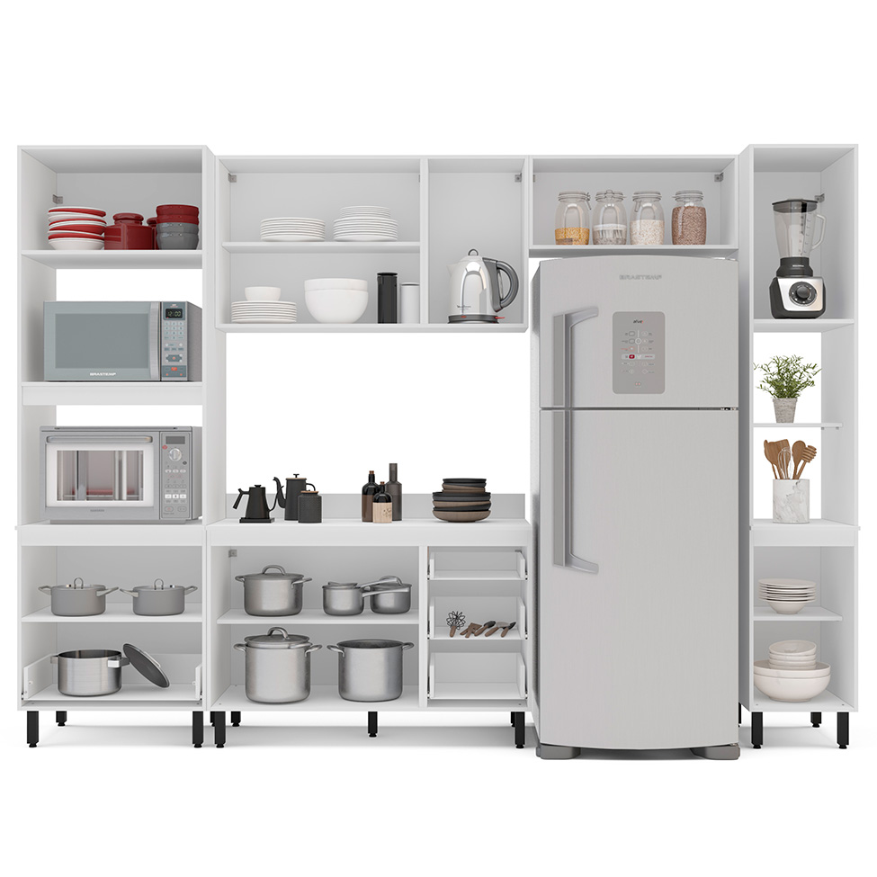 Cozinha Completa com Tampo e Paneleiro Amara 9 Portas 5 Gavetas Creme e Branca