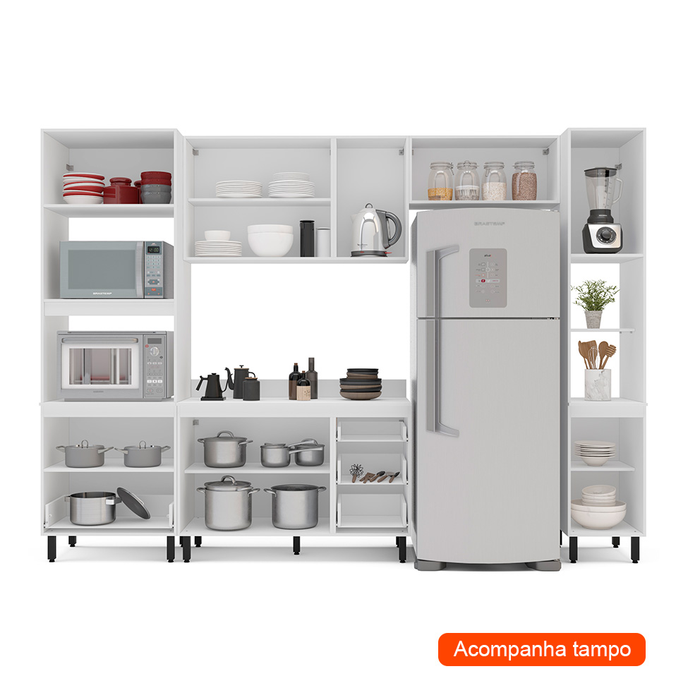 Cozinha Completa com Tampo e Paneleiro Meena 9 Portas 5 Gavetas Azul e Branca