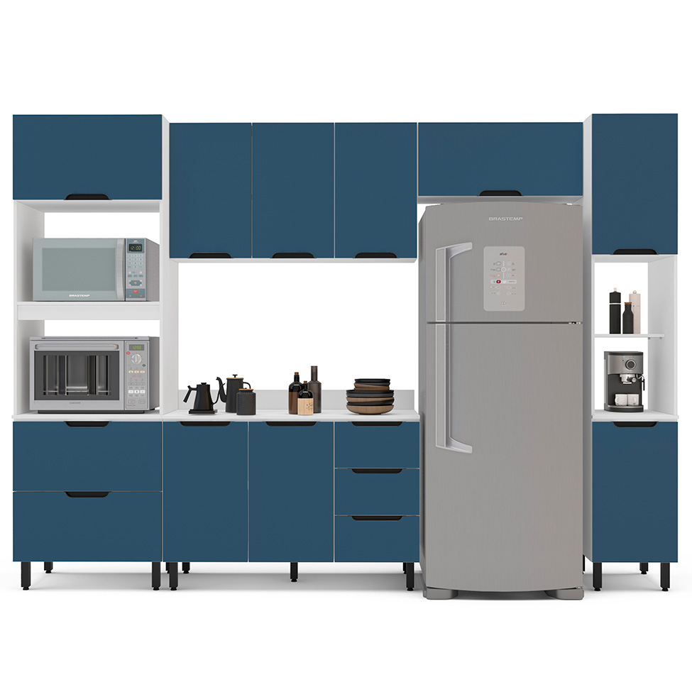 Cozinha Completa com Tampo e Paneleiro Meena 9 Portas 5 Gavetas Azul e Branca