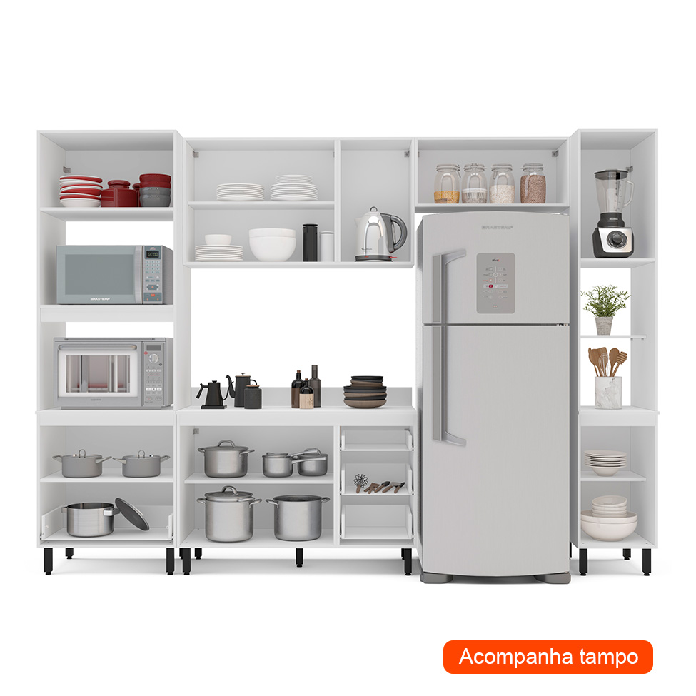 Cozinha Completa com Tampo e Paneleiro Meena 9 Portas 5 Gavetas Branca