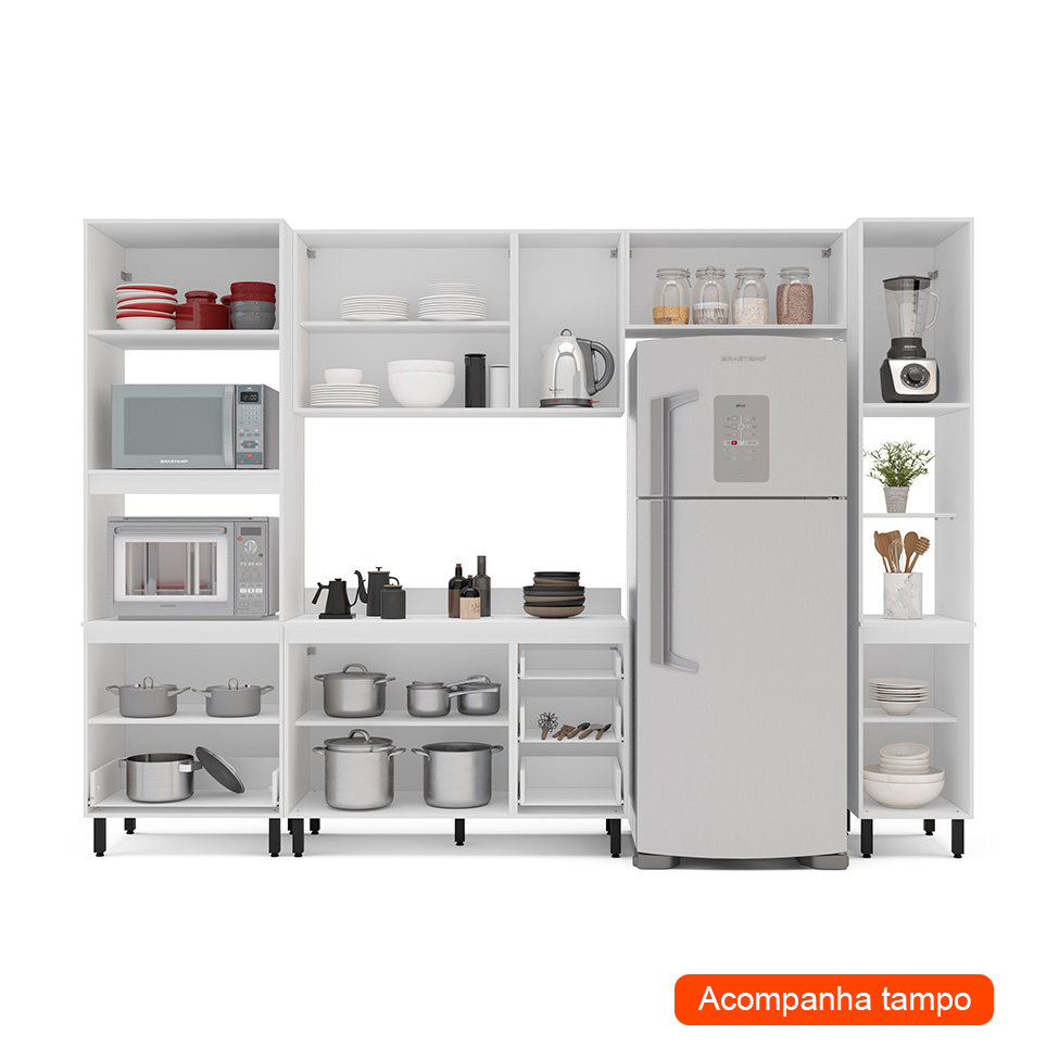Cozinha Completa com Tampo e Paneleiro Meena 9 Portas 5 Gavetas Creme e Branca