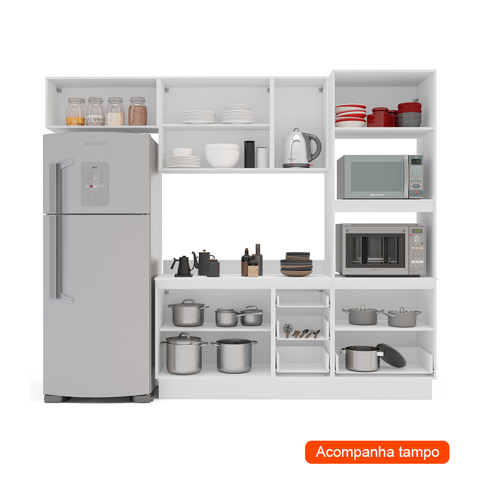 Cozinha Completa com Tampo e Rodapé Amara 7 Portas 5 Gavetas Creme e Branca