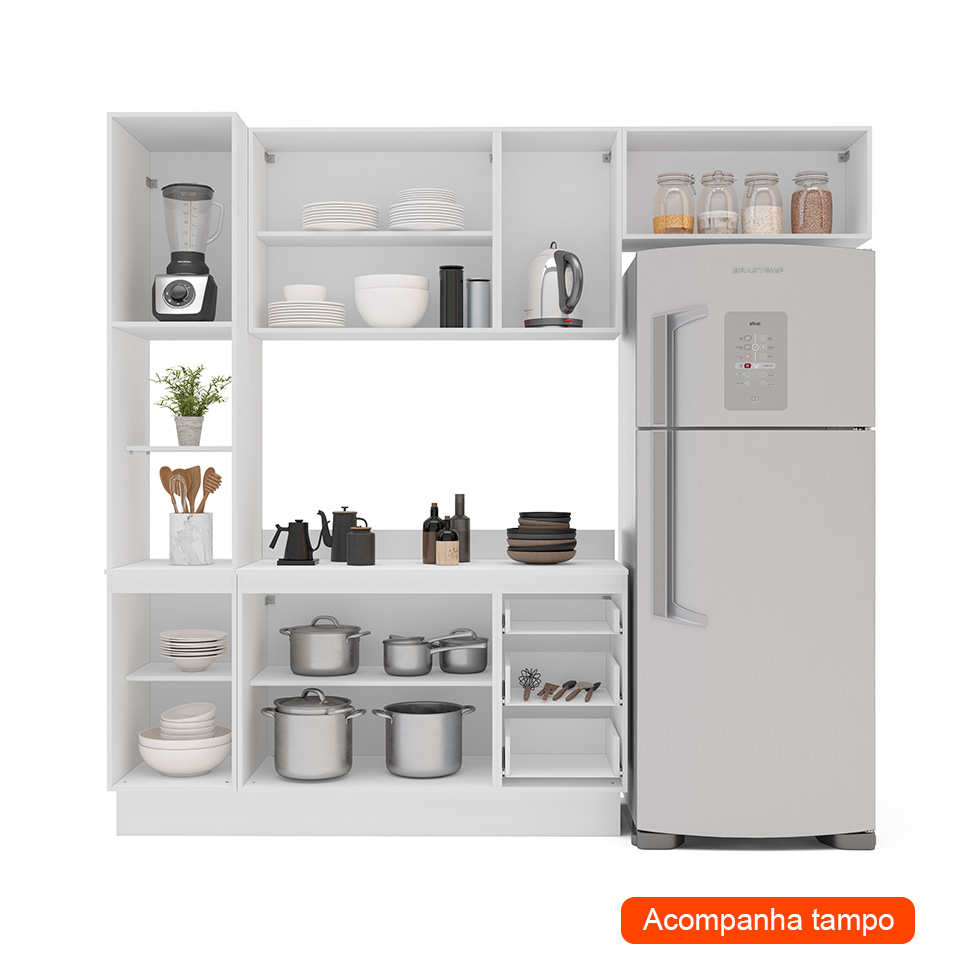 Cozinha Completa com Tampo e Rodapé Amara 8 Portas 3 Gavetas Creme e Branca