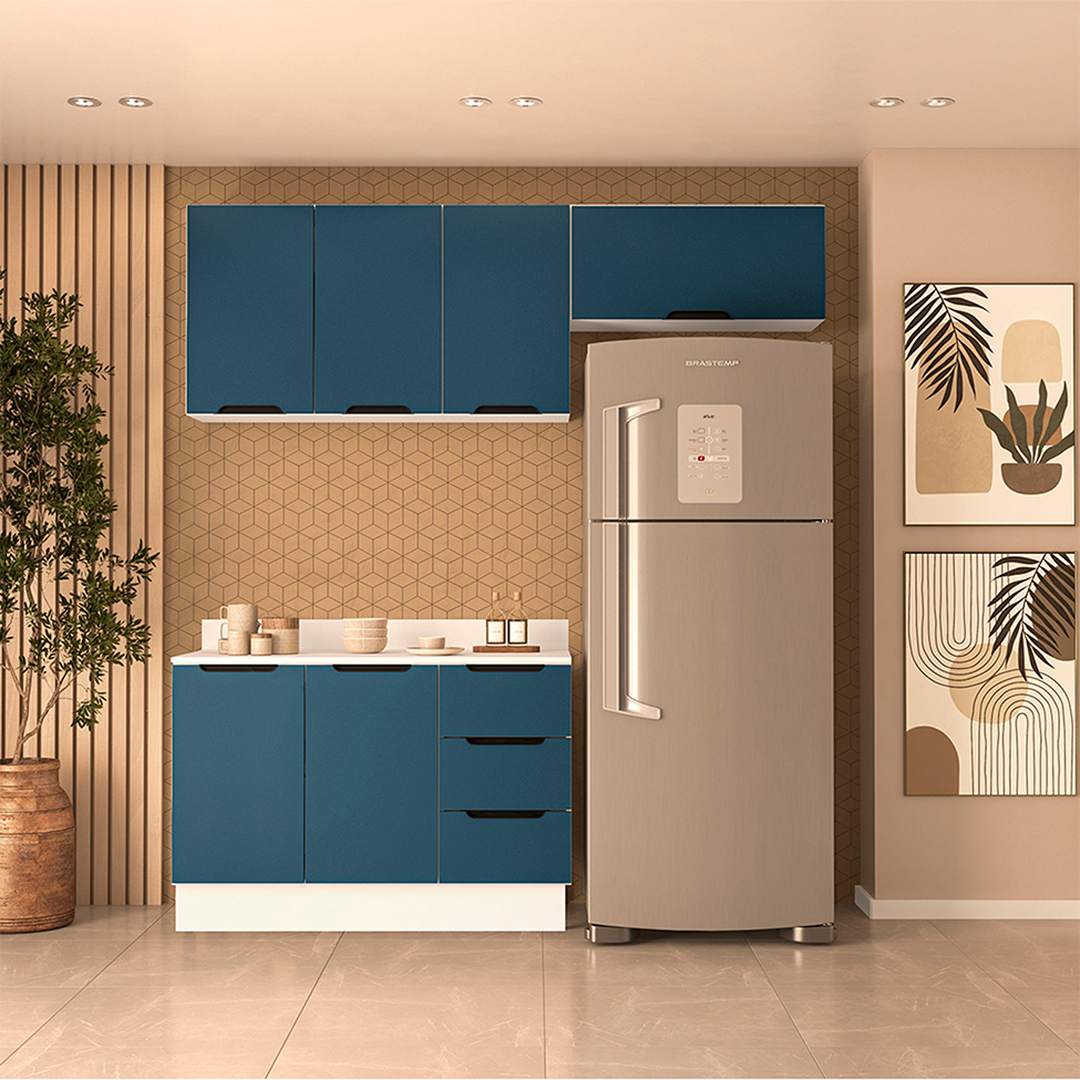 Cozinha Completa com Tampo e Rodapé Meena 6 Portas 3 Gavetas Azul e Branca