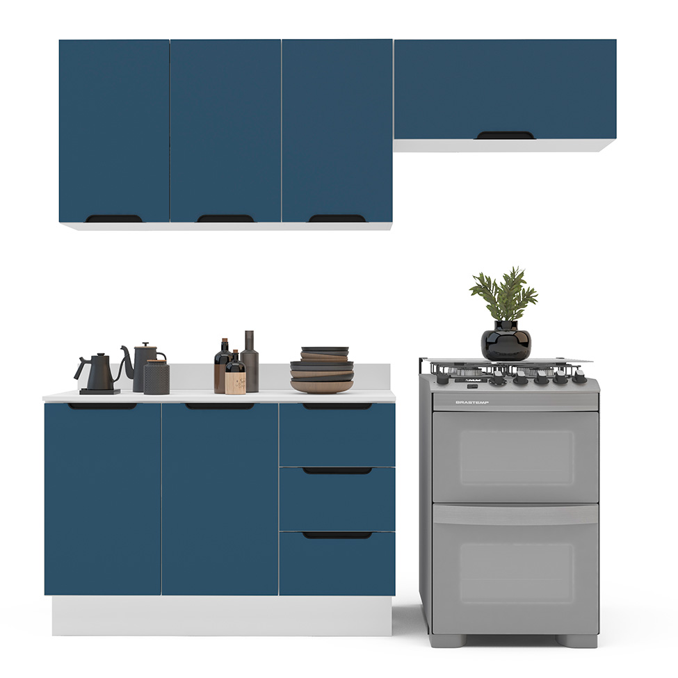 Cozinha Completa com Tampo e Rodapé Meena 6 Portas 3 Gavetas Azul e Branca