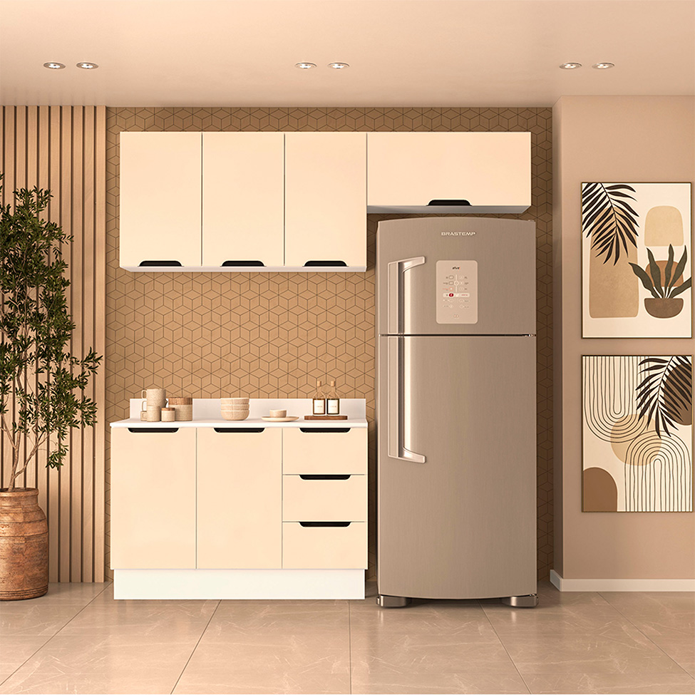 Cozinha Completa com Tampo e Rodapé Meena 6 Portas 3 Gavetas Creme e Branca