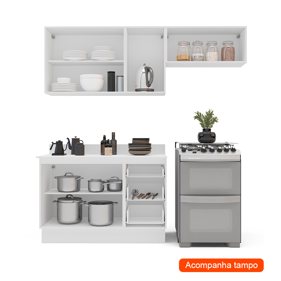 Cozinha Completa com Tampo e Rodapé Meena 6 Portas 3 Gavetas Creme e Branca