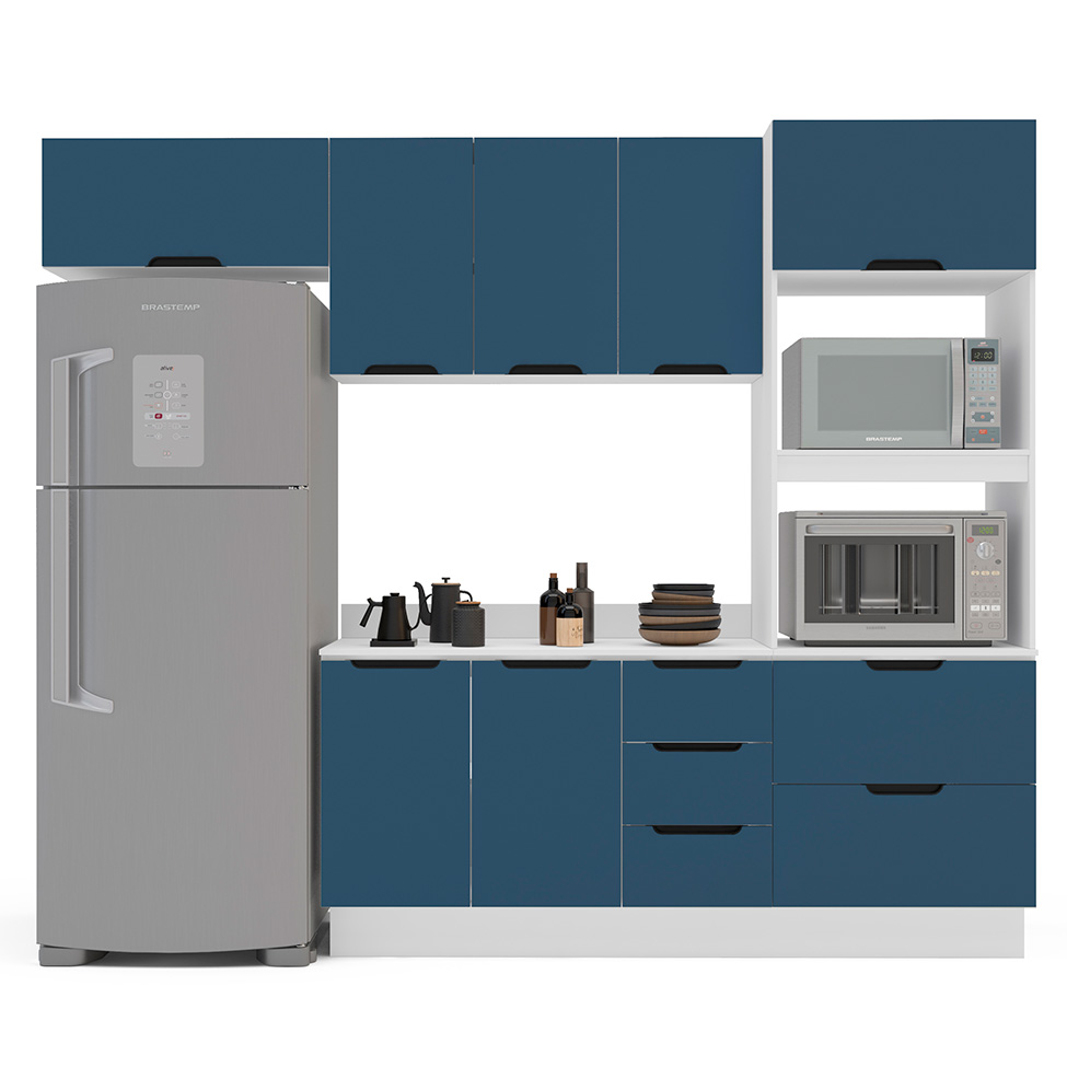 Cozinha Completa com Tampo e Rodapé Meena 7 Portas 5 Gavetas Azul e Branca