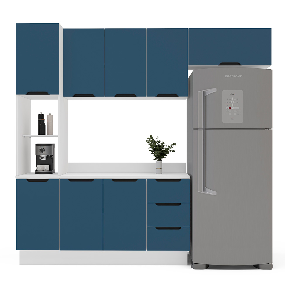 Cozinha Completa com Tampo e Rodapé Meena 8 Portas 3 Gavetas Azul e Branca