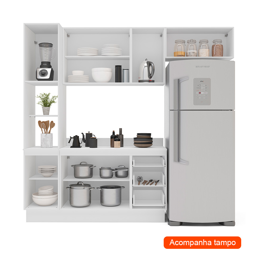 Cozinha Completa com Tampo e Rodapé Meena 8 Portas 3 Gavetas Creme e Branca