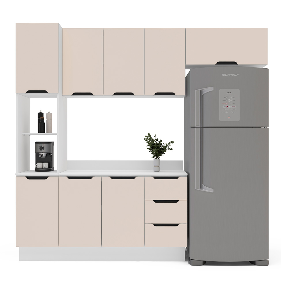 Cozinha Completa com Tampo e Rodapé Meena 8 Portas 3 Gavetas Creme e Branca