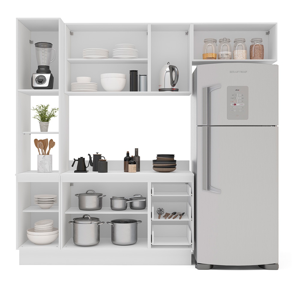 Cozinha Completa com Tampo e Rodapé Meena 8 Portas 3 Gavetas Creme e Branca
