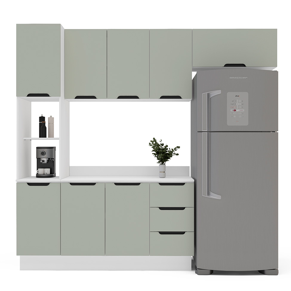 Cozinha Completa com Tampo e Rodapé Meena 8 Portas 3 Gavetas Verde e Branca