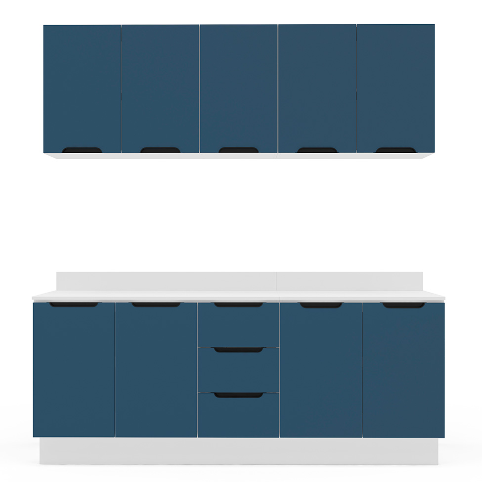 Cozinha Completa com Tampo e Rodapé Meena 9 Portas 3 Gavetas Azul e Branca