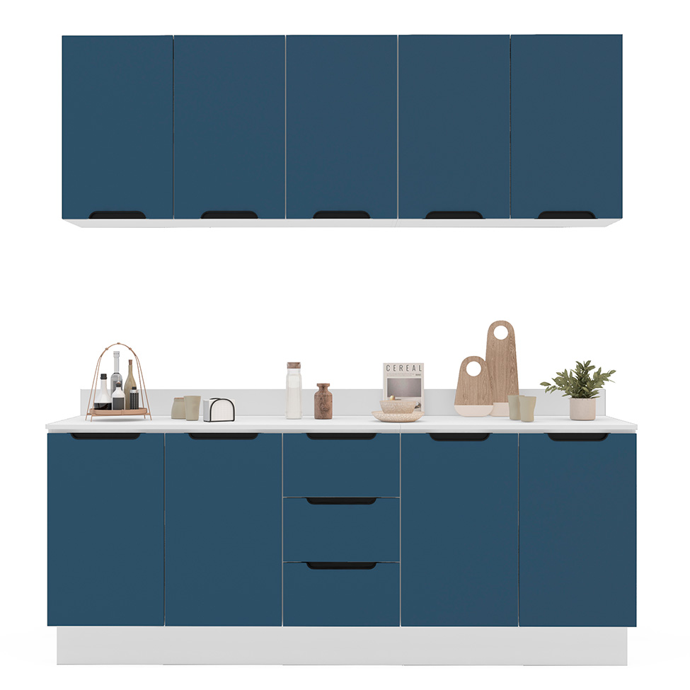 Cozinha Completa com Tampo e Rodapé Meena 9 Portas 3 Gavetas Azul e Branca
