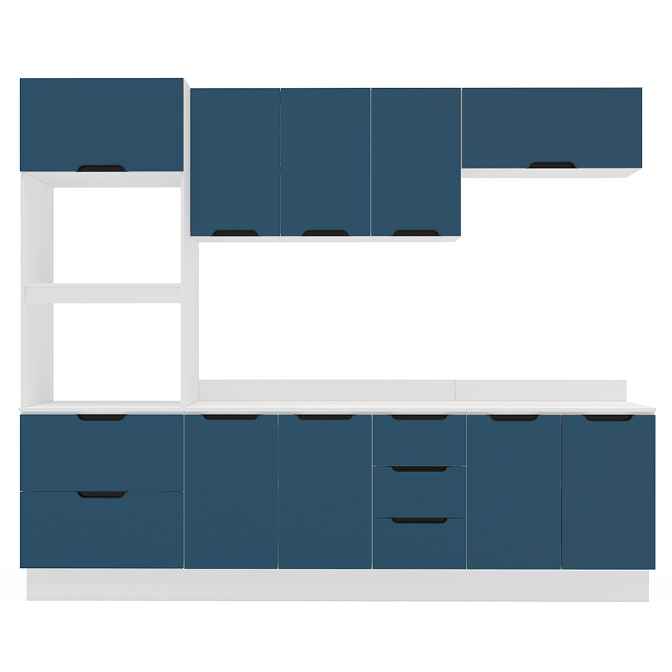 Cozinha Completa com Tampo e Rodapé Meena 9 Portas 5 Gavetas Azul e Branca