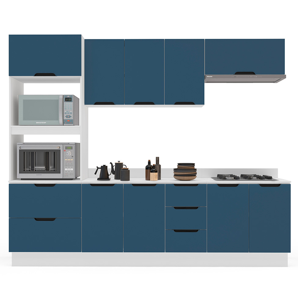 Cozinha Completa com Tampo e Rodapé Meena 9 Portas 5 Gavetas Azul e Branca