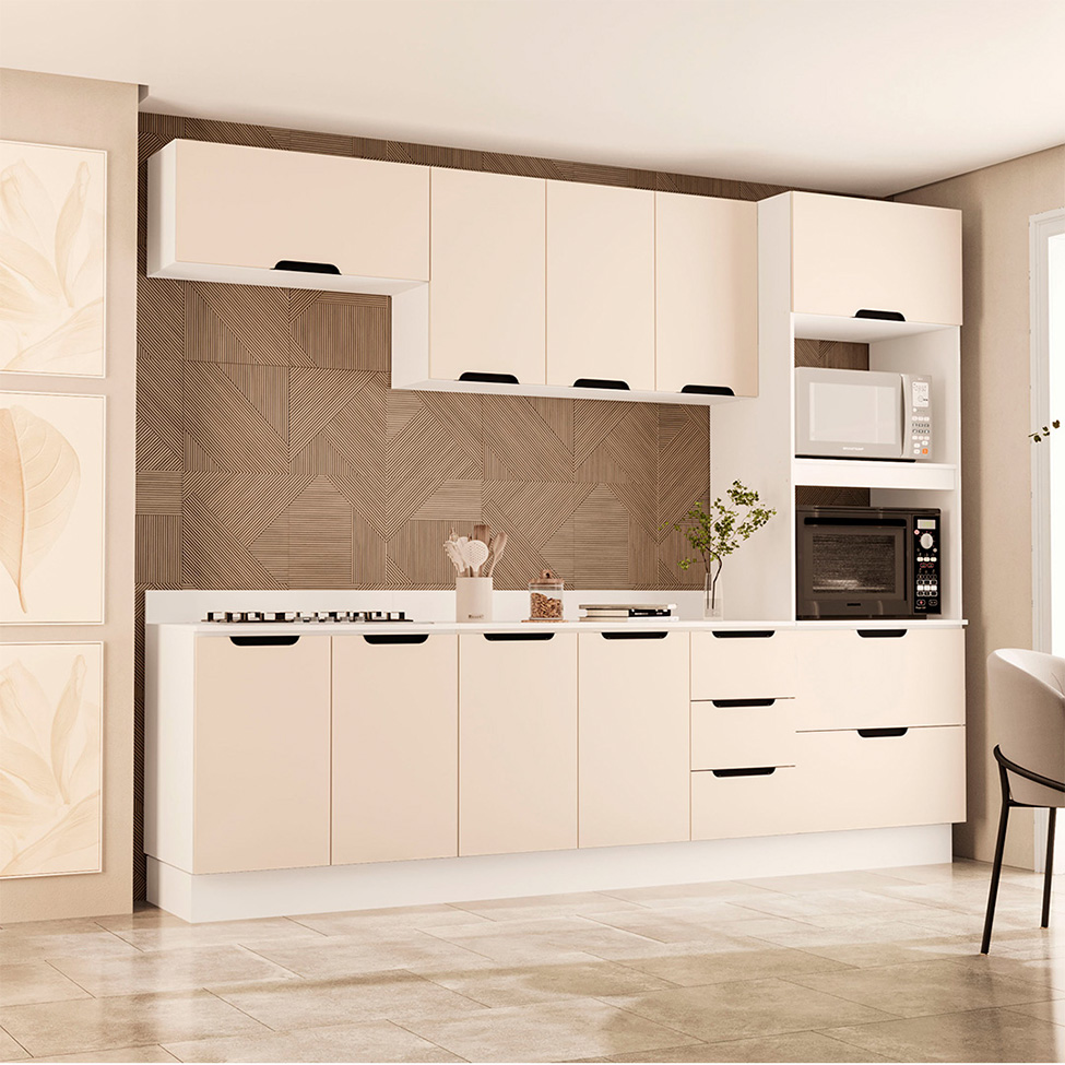 Cozinha Completa com Tampo e Rodapé Meena 9 Portas 5 Gavetas Creme e Branca