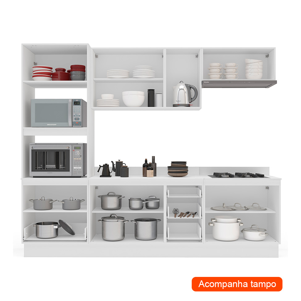 Cozinha Completa com Tampo e Rodapé Meena 9 Portas 5 Gavetas Creme e Branca