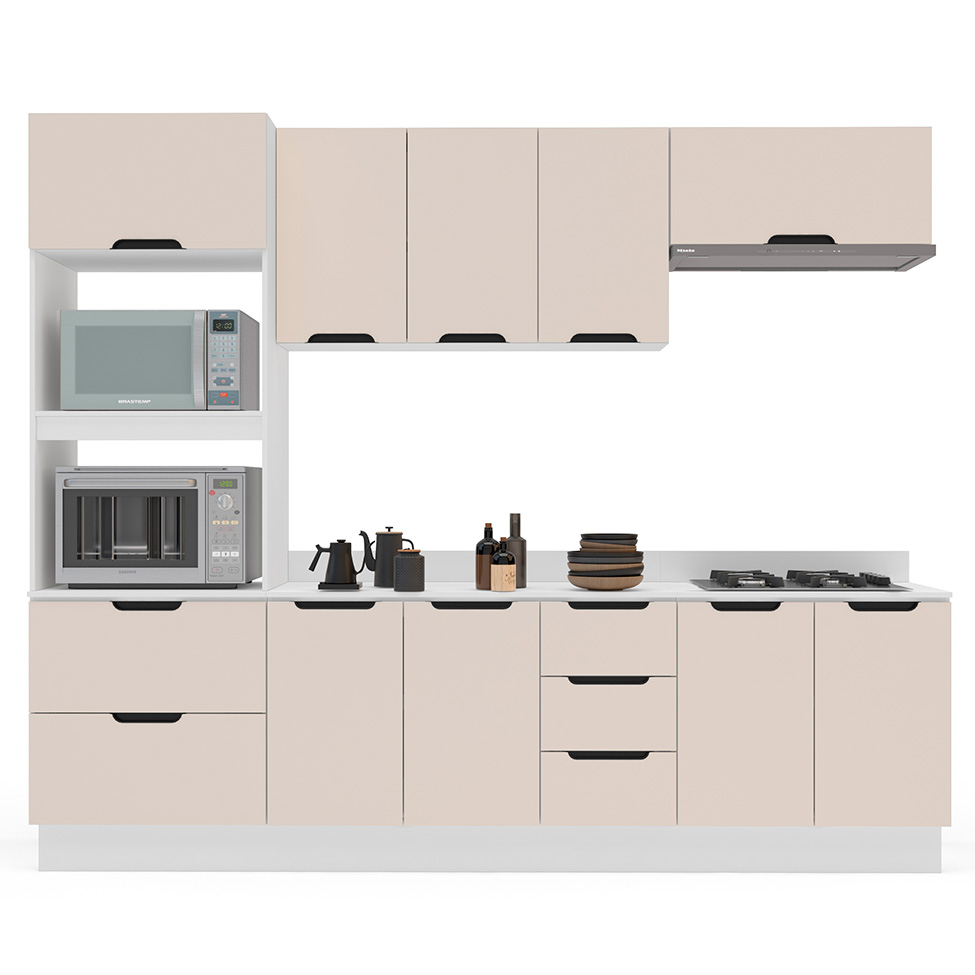 Cozinha Completa com Tampo e Rodapé Meena 9 Portas 5 Gavetas Creme e Branca