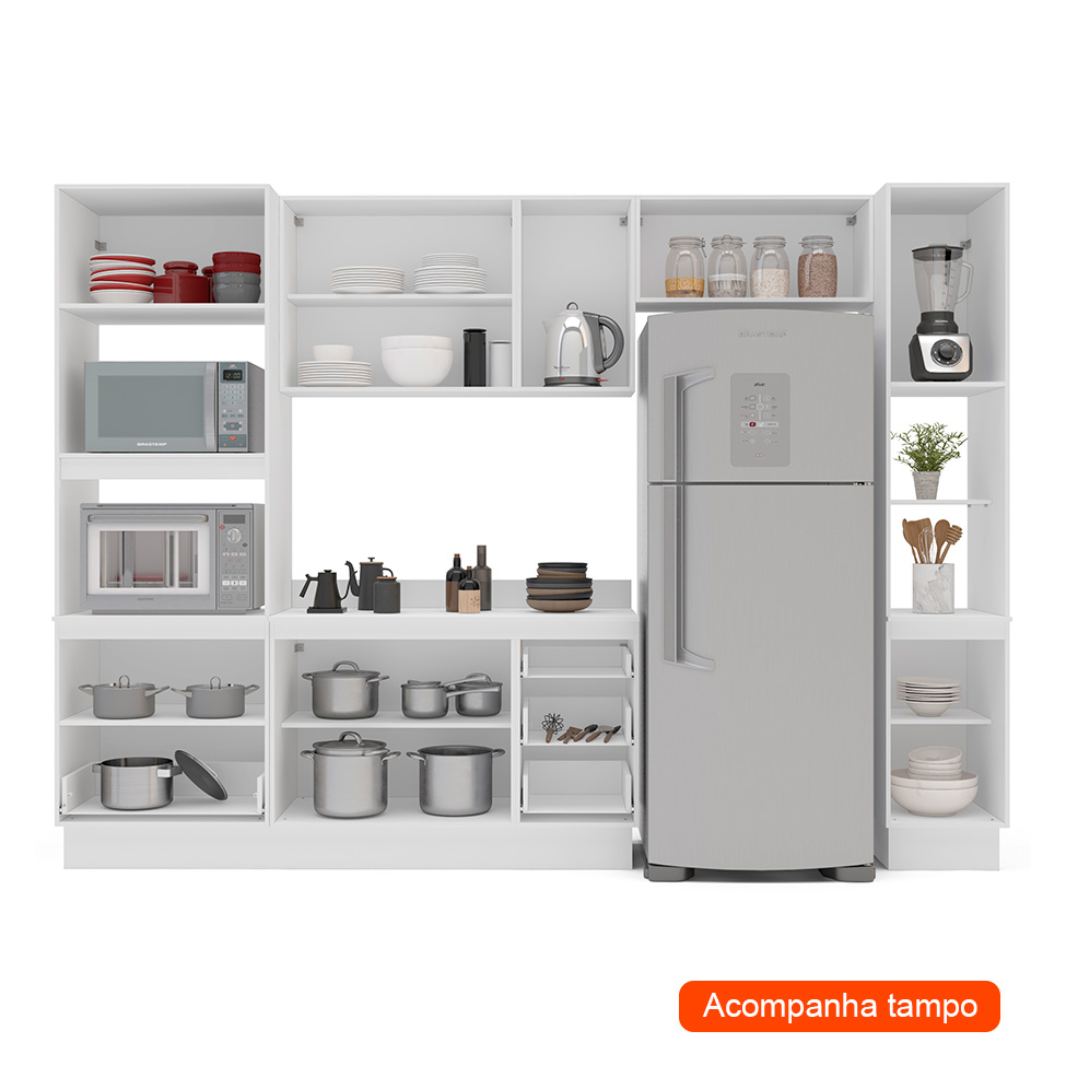 Cozinha Completa com Tampo, Paneleiro e Rodapé Meena 10 Portas 4 Gavetas Verde e Branca