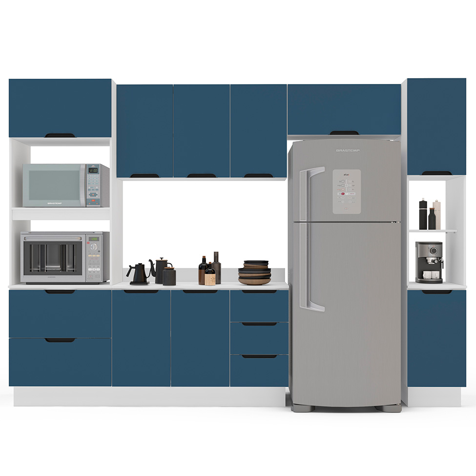 Cozinha Completa com Tampo, Paneleiro e Rodapé Meena 9 Portas 5 Gavetas Azul e Branca
