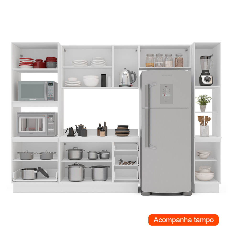 Cozinha Completa com Tampo, Paneleiro e Rodapé Meena 9 Portas 5 Gavetas Branca