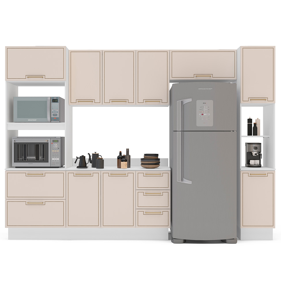 Cozinha Completa com Tampo, Rodapé e Paneleiro Amara 10 Portas 4 Gavetas Creme e Branca