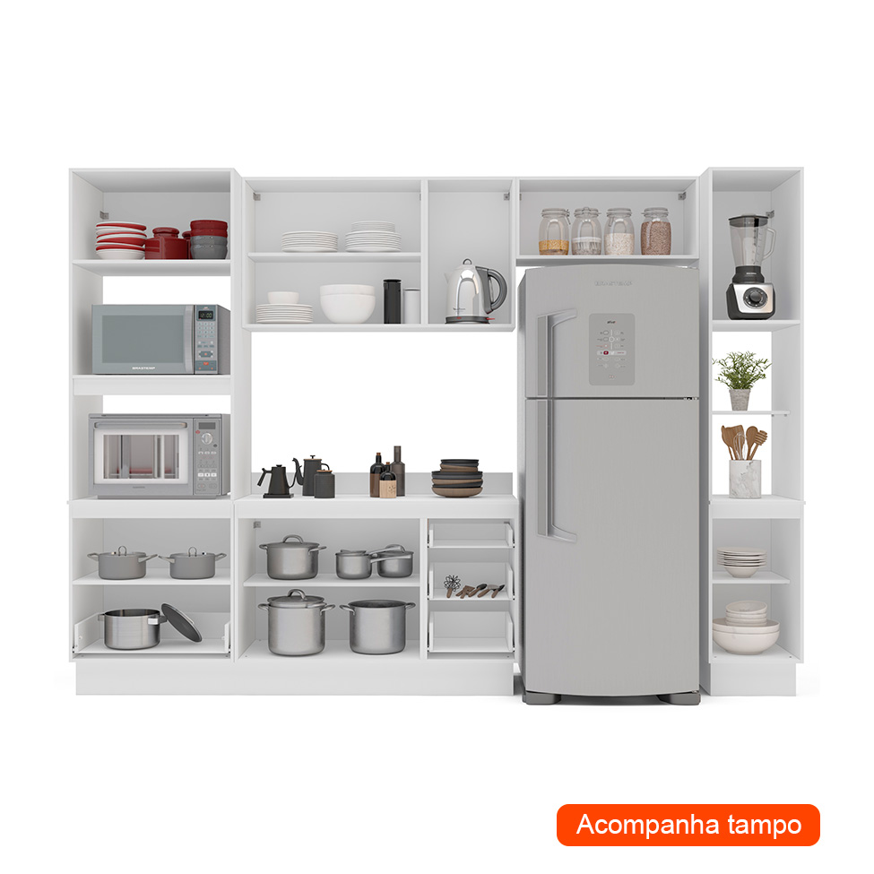 Cozinha Completa com Tampo, Rodapé e Paneleiro Amara 9 Portas 5 Gavetas Branca