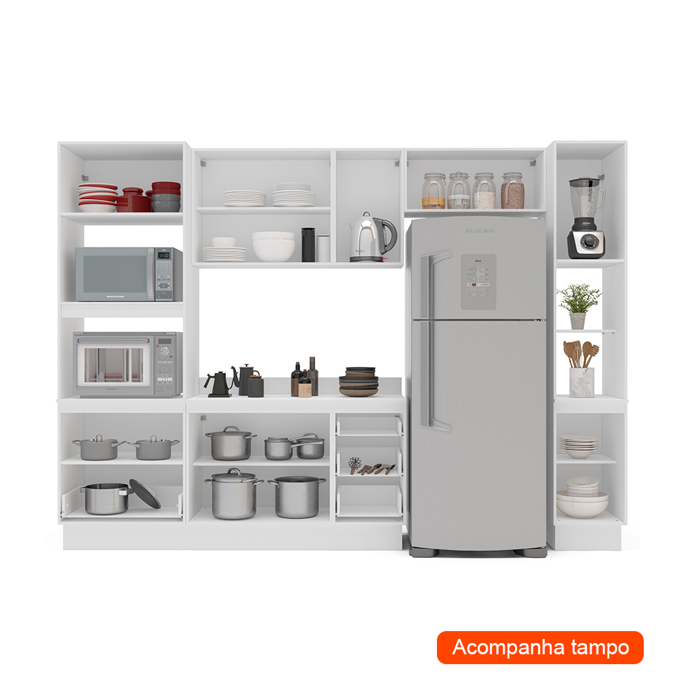 Cozinha Completa com Tampo, Rodapé e Paneleiro Amara 9 Portas 5 Gavetas Creme e Branca