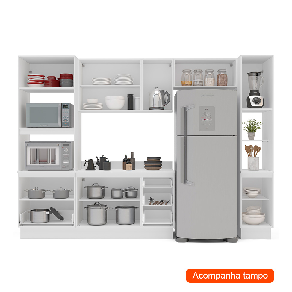 Cozinha Completa com Tampo, Rodapé e Paneleiro Amara 9 Portas 5 Gavetas Verde e Branca