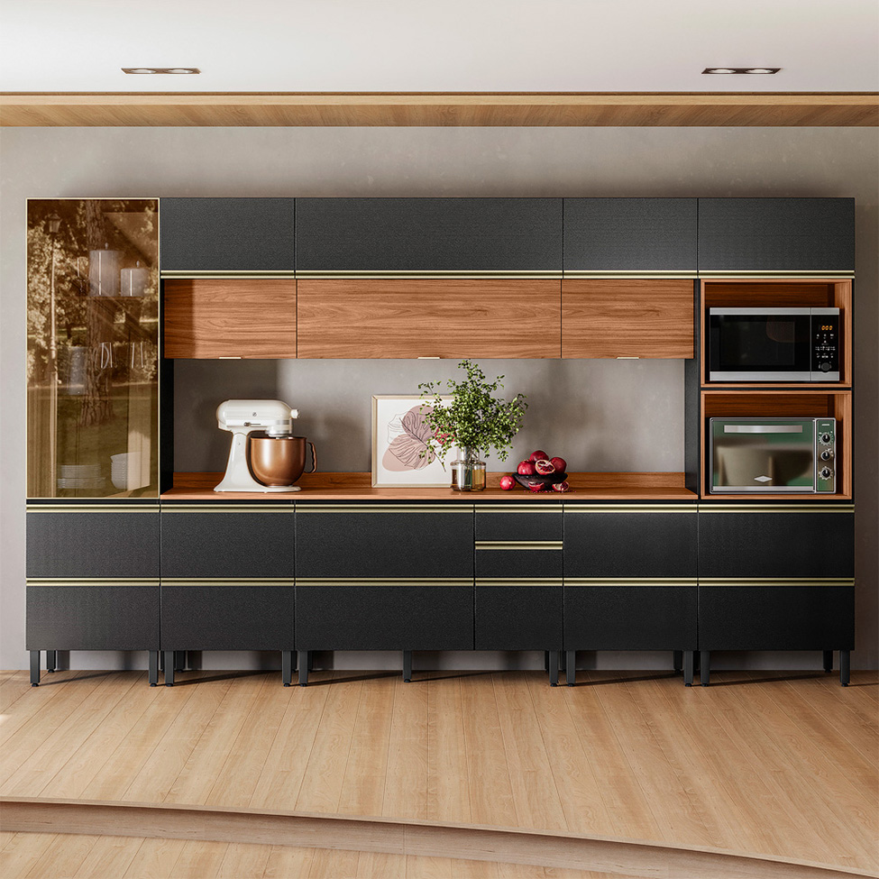 Cozinha Completa com Vidro Reflecta Proença 12 Portas 9 Gavetas Carbono e Nogueira