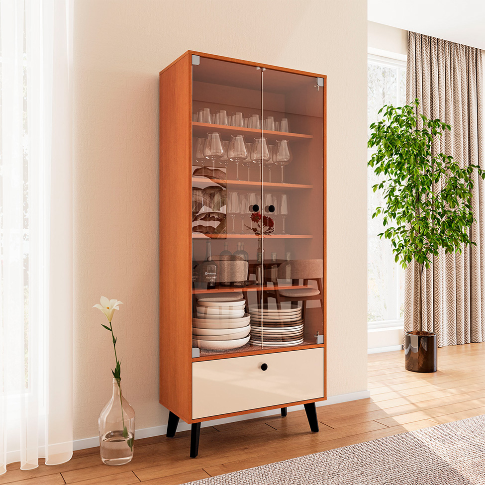 Cristaleira Londres 2 Portas 1 Gaveta Freijó e Creme