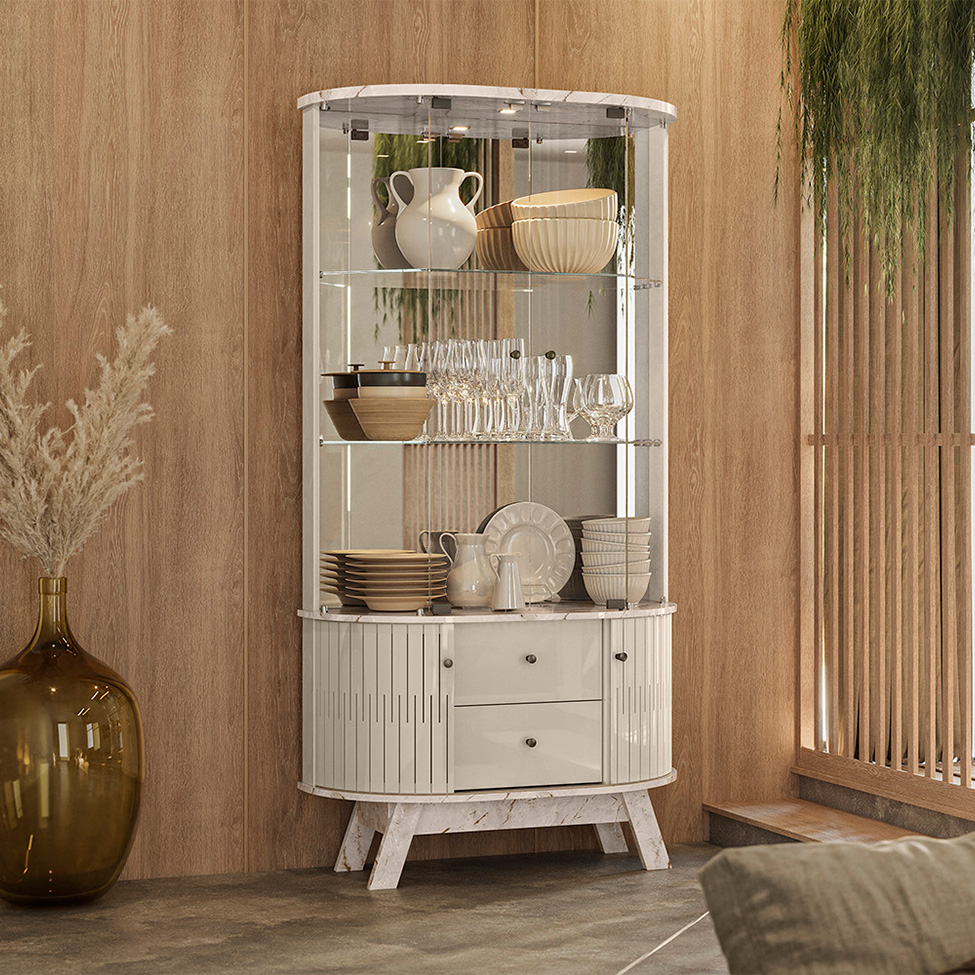 Cristaleira Moss 4 Portas 2 Gavetas Off White e Calacata