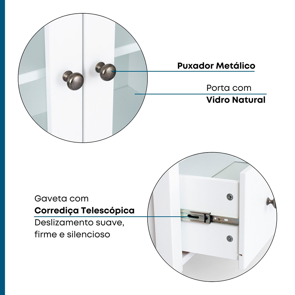Cristaleira Vogue com Vidro 2 Portas 1 Gaveta Branca