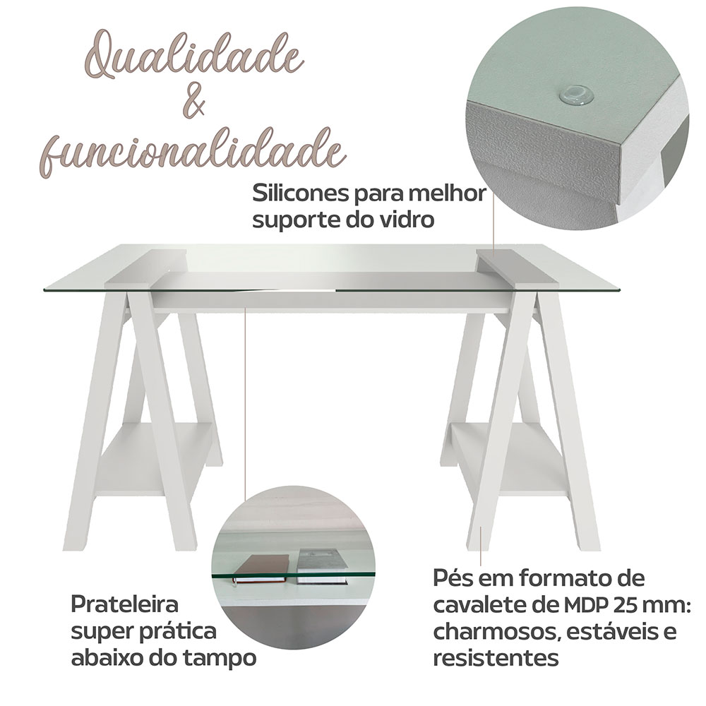 Escrivaninha Cristal com Tampo de Vidro Branca