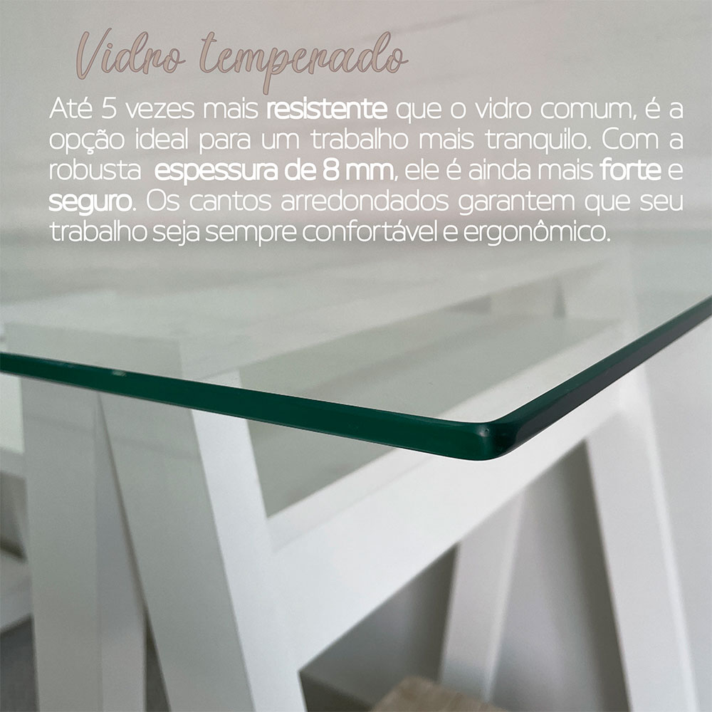 Escrivaninha Cristal com Tampo de Vidro Branca