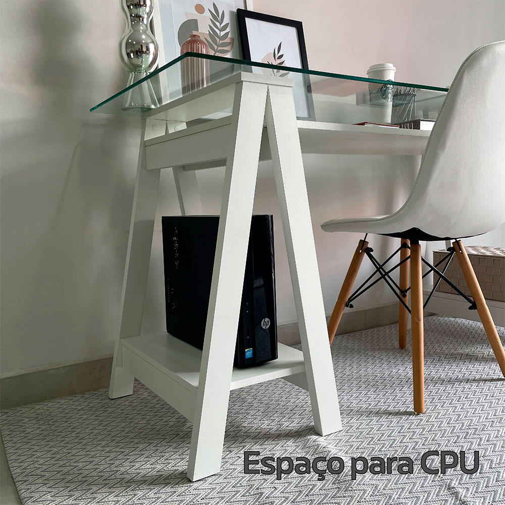 Escrivaninha Cristal com Tampo de Vidro Branca
