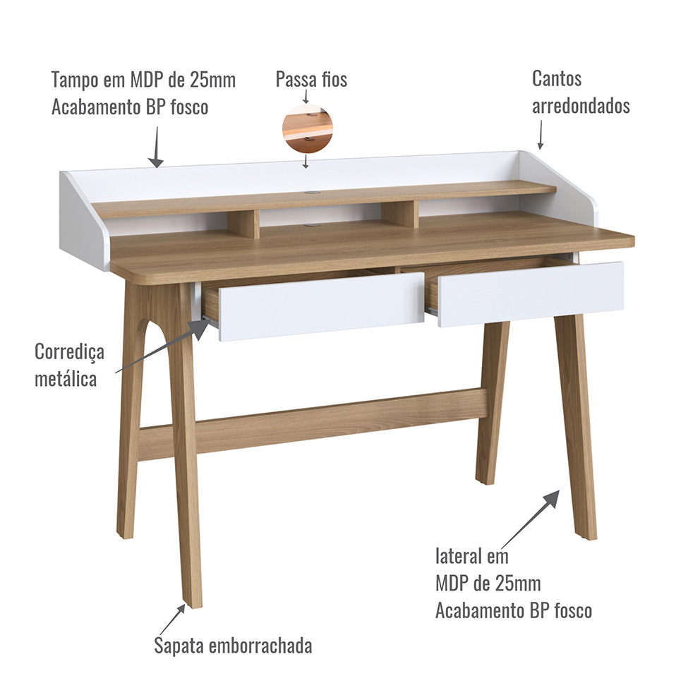 Escrivaninha Flexus 2 GV Hanover e Branca 139 cm