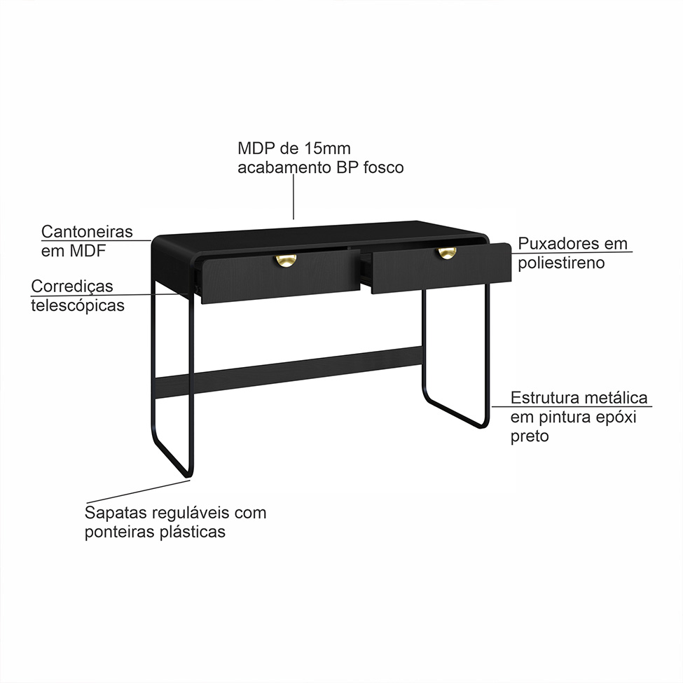 Escrivaninha Luna 2 Gavetas Preto e Dourado