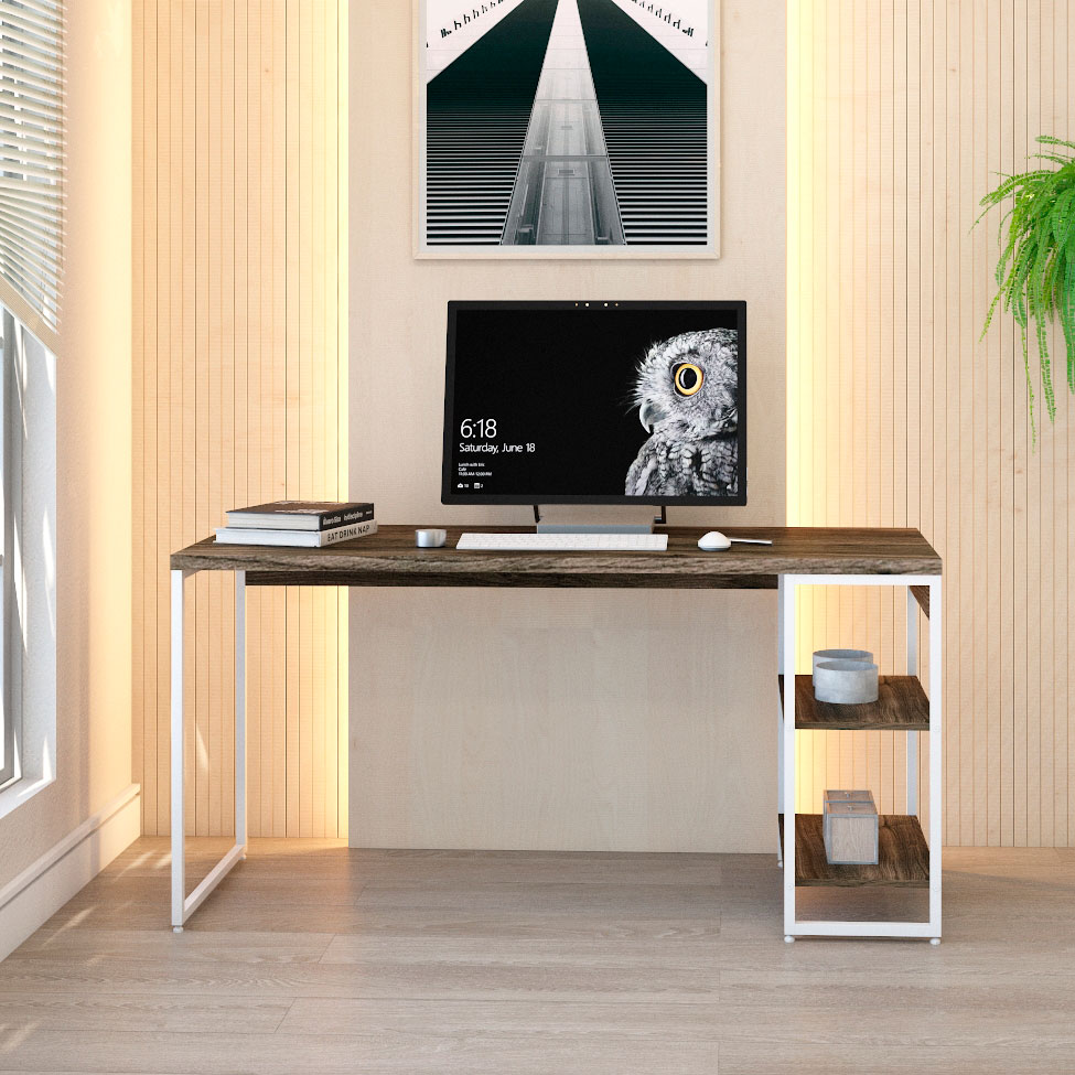 Escrivaninha com Estante Studio Carvalho Dark e Branca 150x75 cm