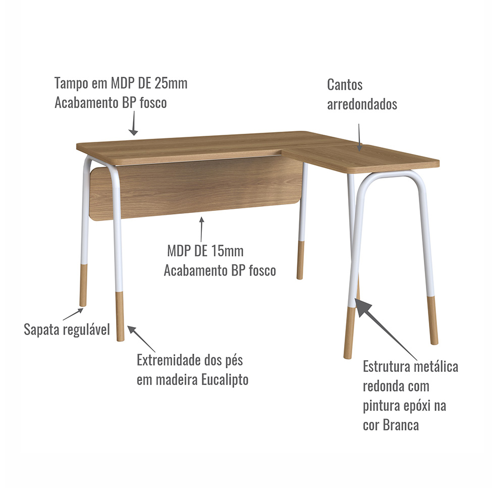 Escrivaninha em L Flexus Hanover e Branca 120 cm