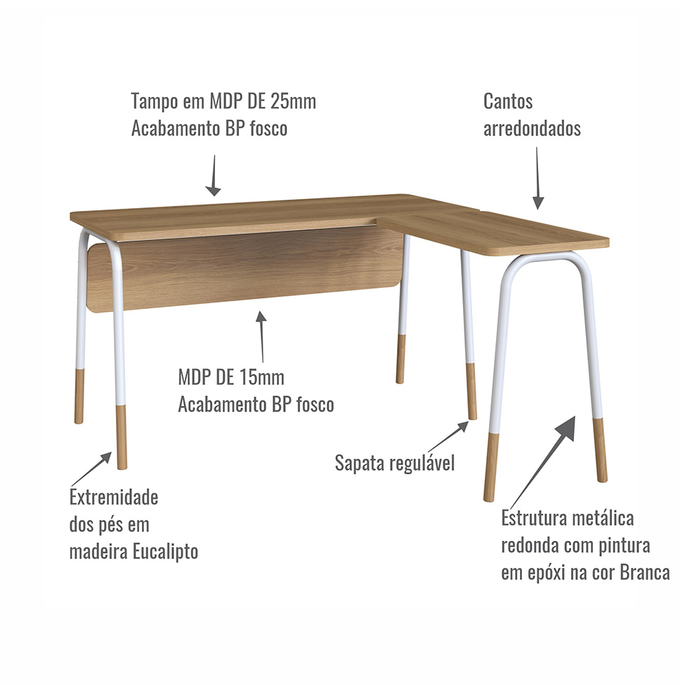 Escrivaninha em L Flexus Hanover e Branca 136 cm