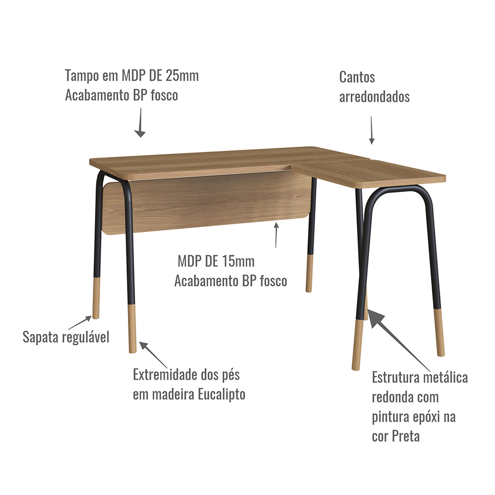 Escrivaninha em L Flexus Hanover e Preta 120 cm