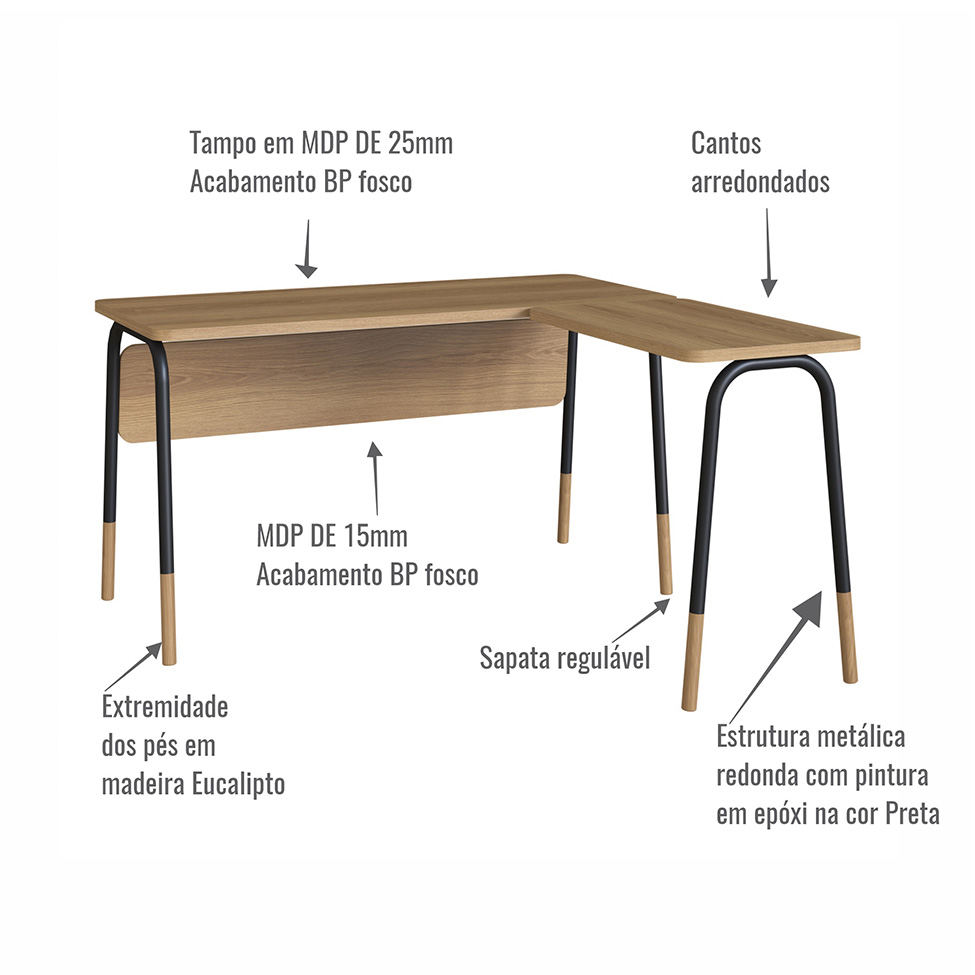 Escrivaninha em L Flexus Hanover e Preta 136 cm