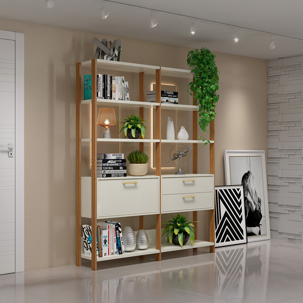 Estante Helen 100% MDF 1 Porta 2 Gavetas Off White e Freijó