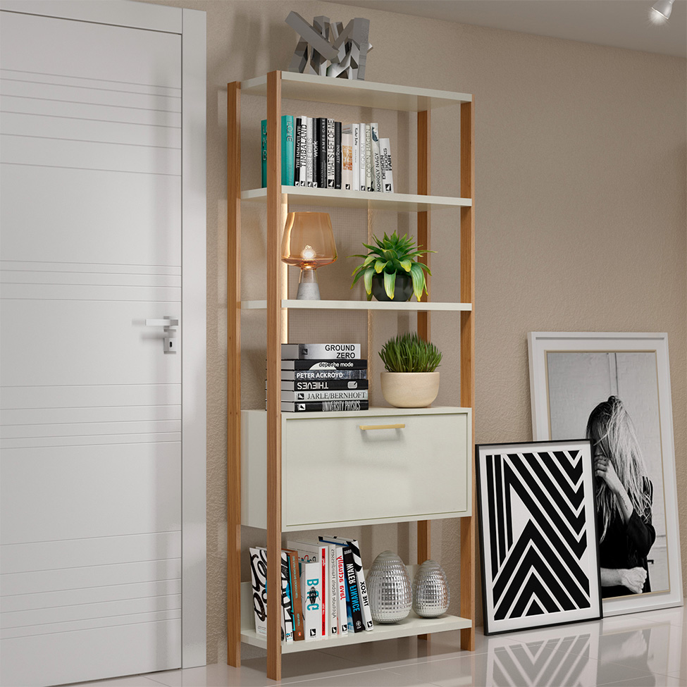 Estante Helen 100% MDF 1 Porta Off White e Freijó